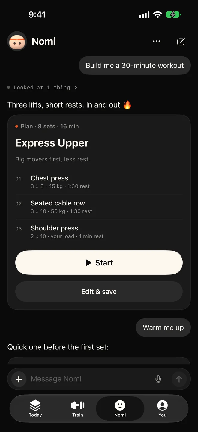 Chatting with Nomi: it builds a 30-minute upper-body workout.