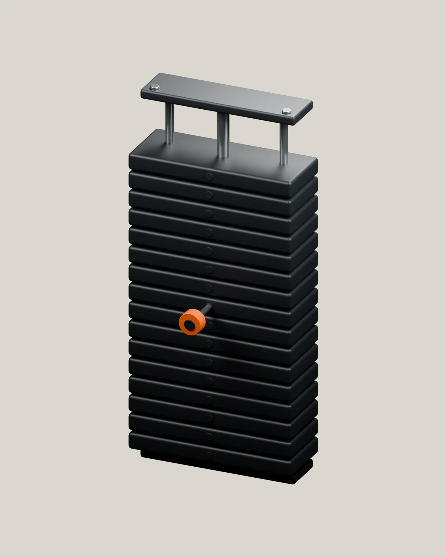 A render of a selectorised machine weight stack, the selector pin banded orange, on a pale grey ground