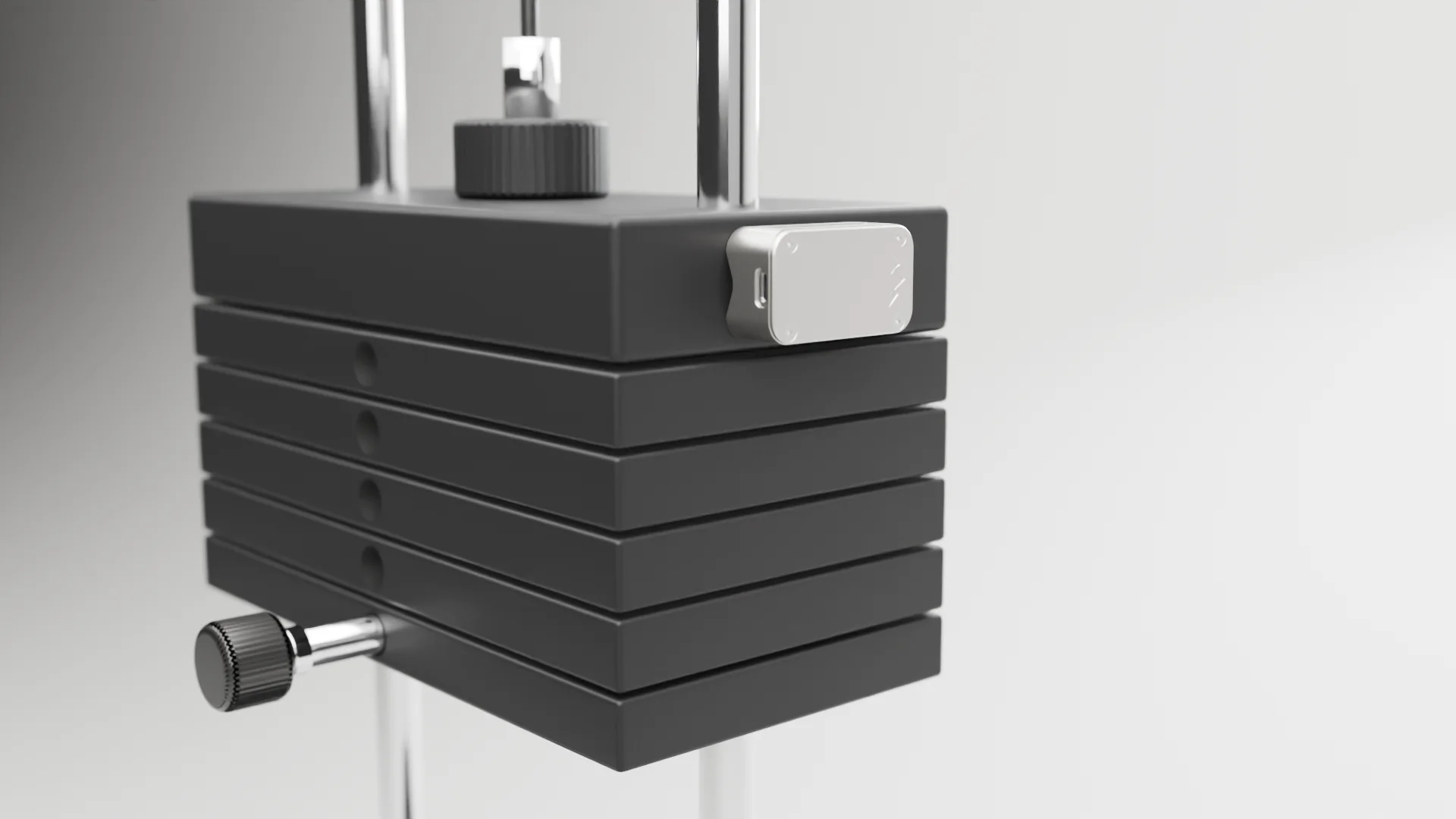 Render: the NOMAE tracker snaps onto the side of a weight stack's top plate and rides it through three reps.