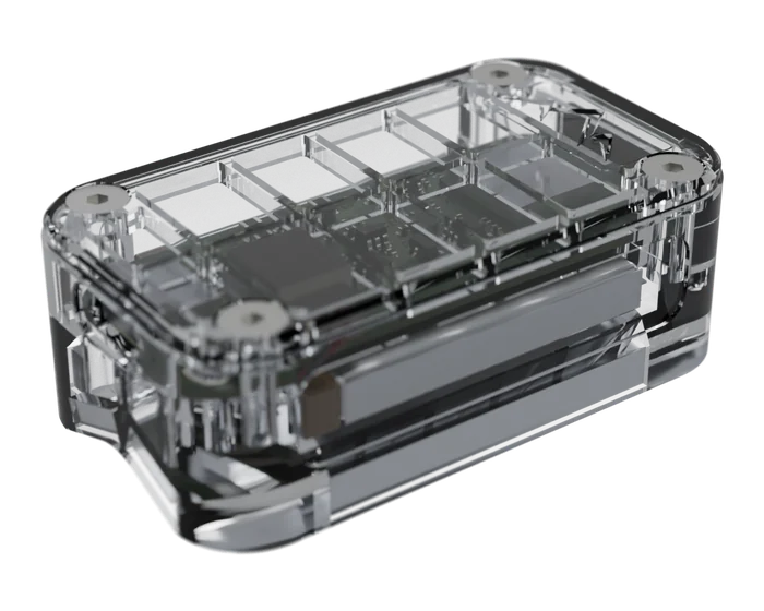 Render: the NOMAE tracker with its shell shown clear, the board and battery inside.