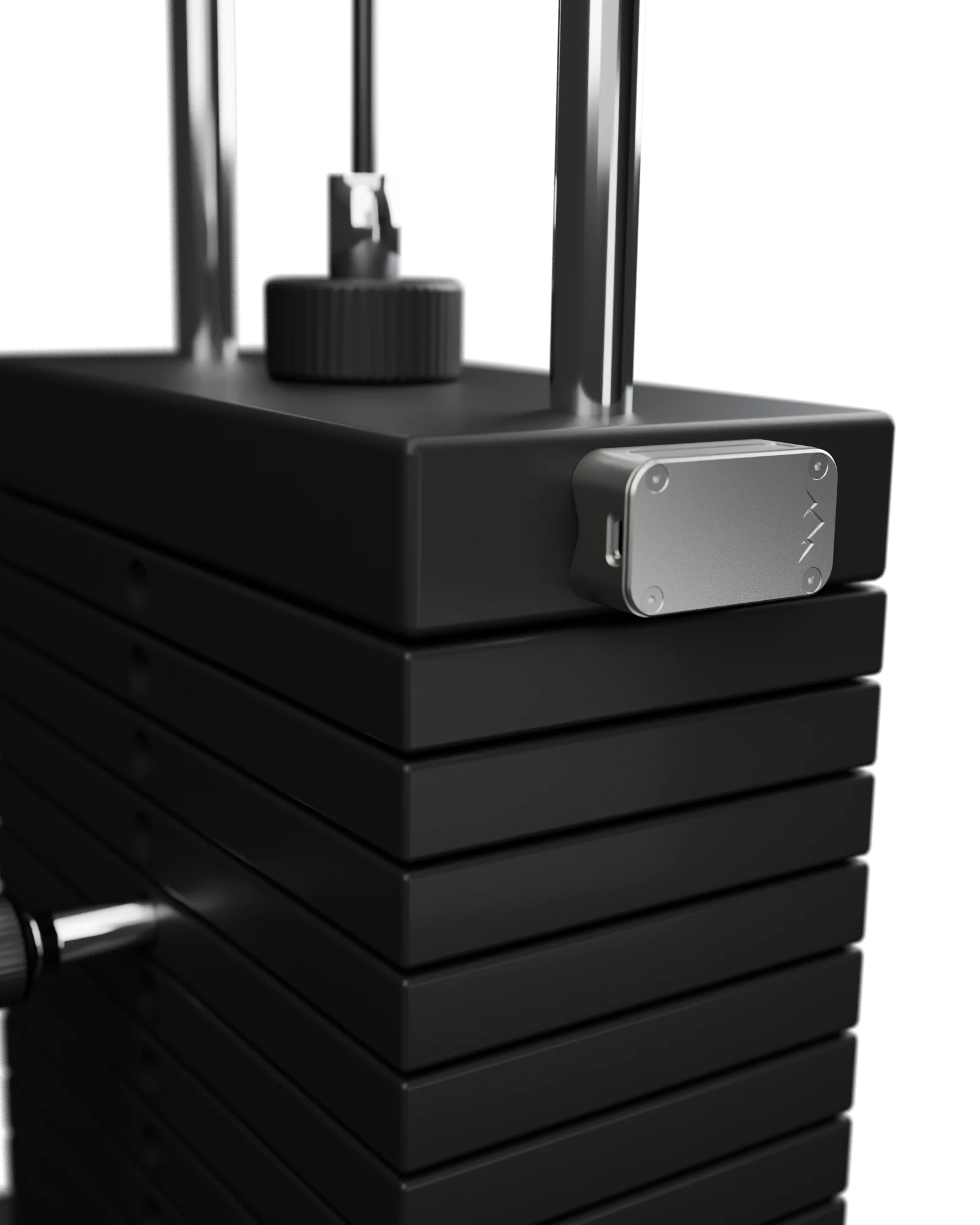 Render: the tracker on the side of a weight stack's top plate.